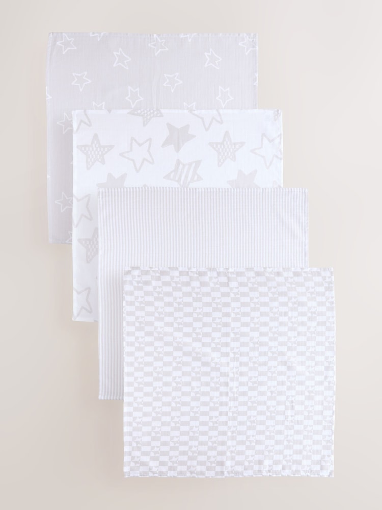 Grau/Sternmotiv - Baby-Spucktücher aus 100 % Baumwoll-Mussselin im 4er Pack - Bild 1 von 11 Grau/Sternmotiv - Baby-Spucktücher aus 100 % Baumwoll-Mussselin im 4er Pack - Bild 1 von 11