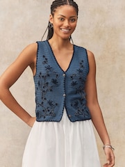 Blue Floral Embroidered Knitted Vest Waistcoat - Image 3 of 7