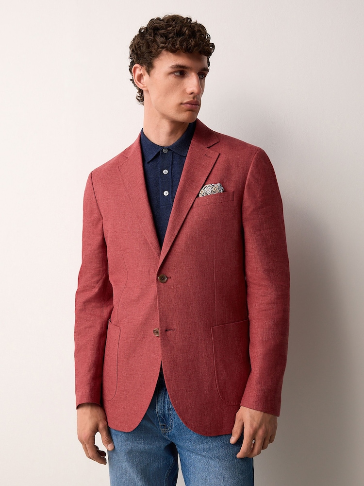 Coral Pink Regular Fit Textured Linen Blend Blazer - Image 1 of 10