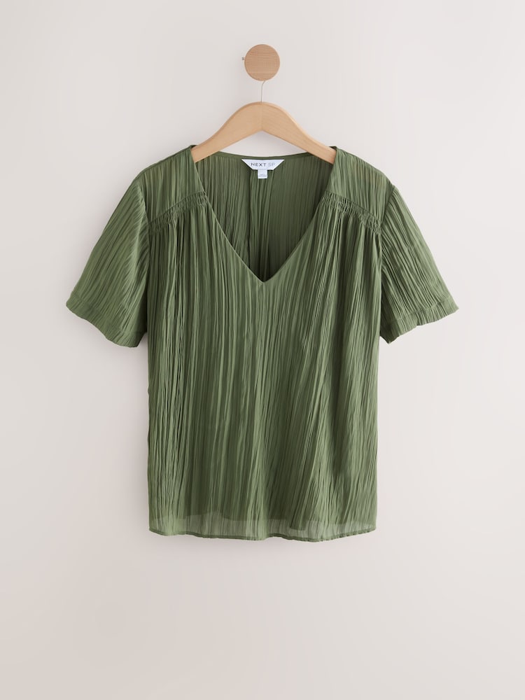 Khaki Green Long Sleeves Crinkle Blouse - Image 1 of 3
