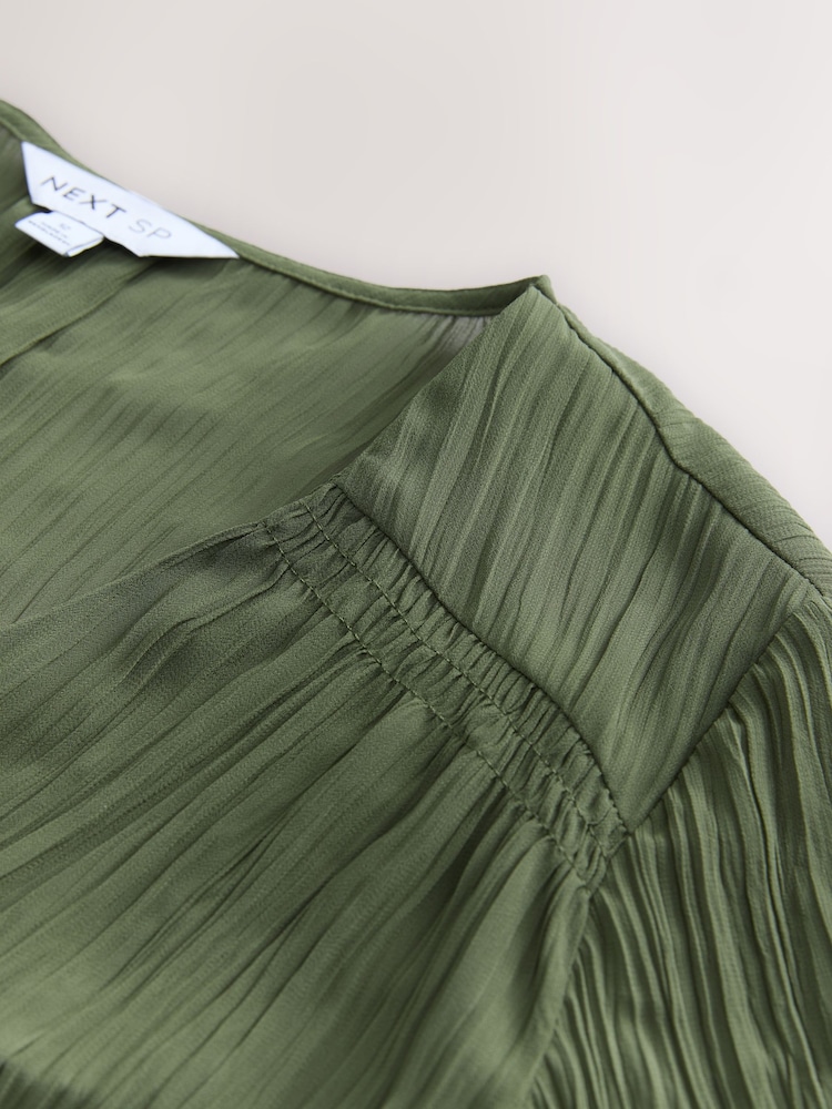 Khaki Green Long Sleeves Crinkle Blouse - Image 2 of 3