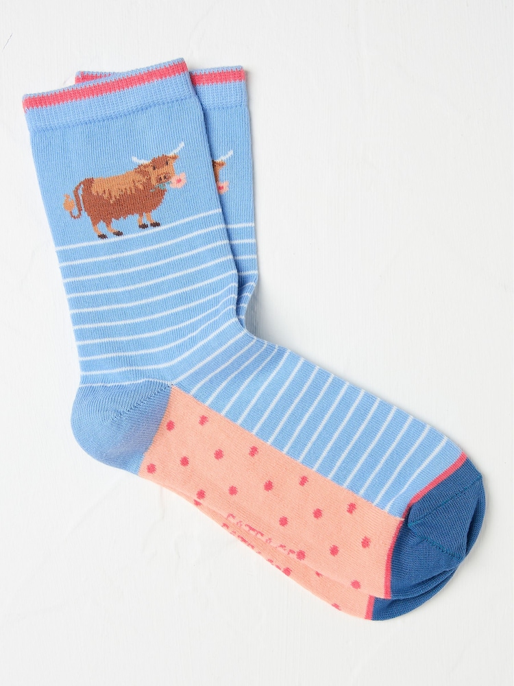 FatFace Blue Hetty Highland Cow Women's Socks - Image 1 of 2