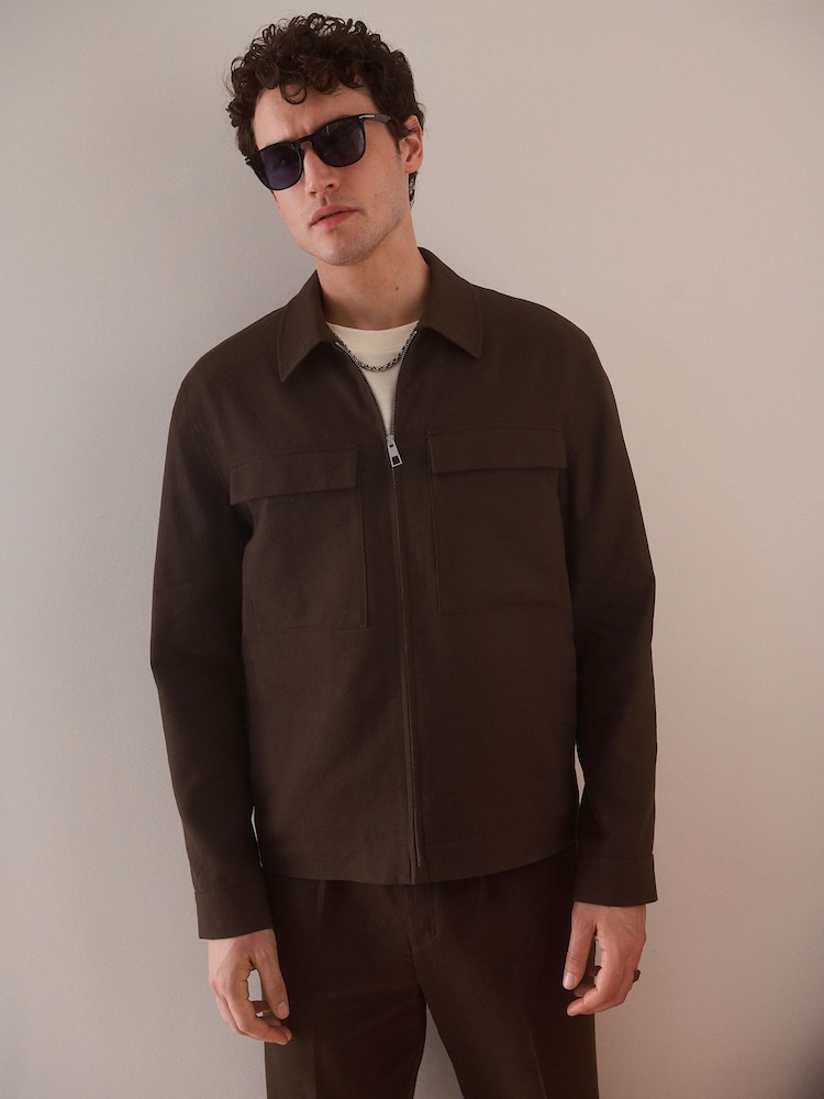 Brown Cotton Linen Blend Shacket - Image 1 of 10