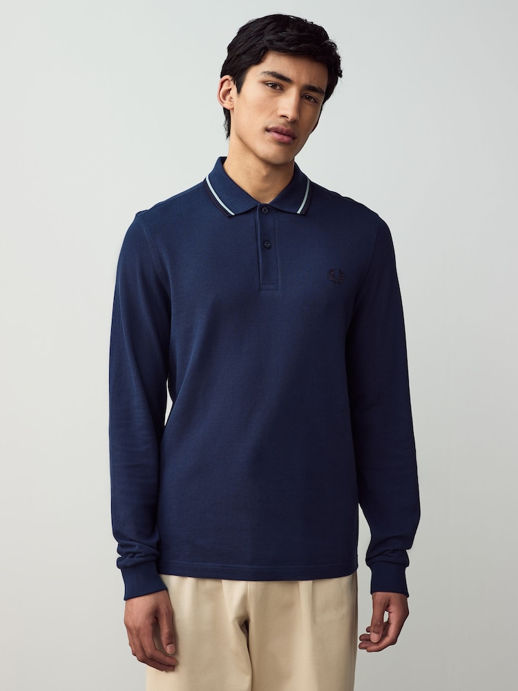 Blauw - Fred Perry polo met tweekleurig gestreepte rand en lange mouwen - Image 3 of 7