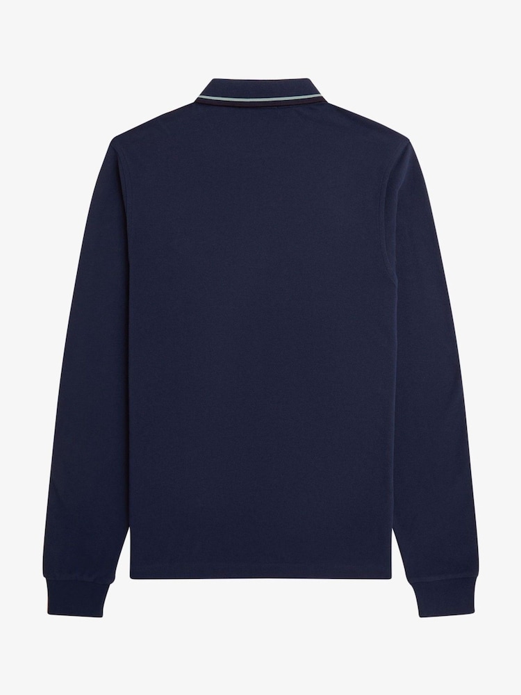 Blauw - Fred Perry polo met tweekleurig gestreepte rand en lange mouwen - Image 6 of 7