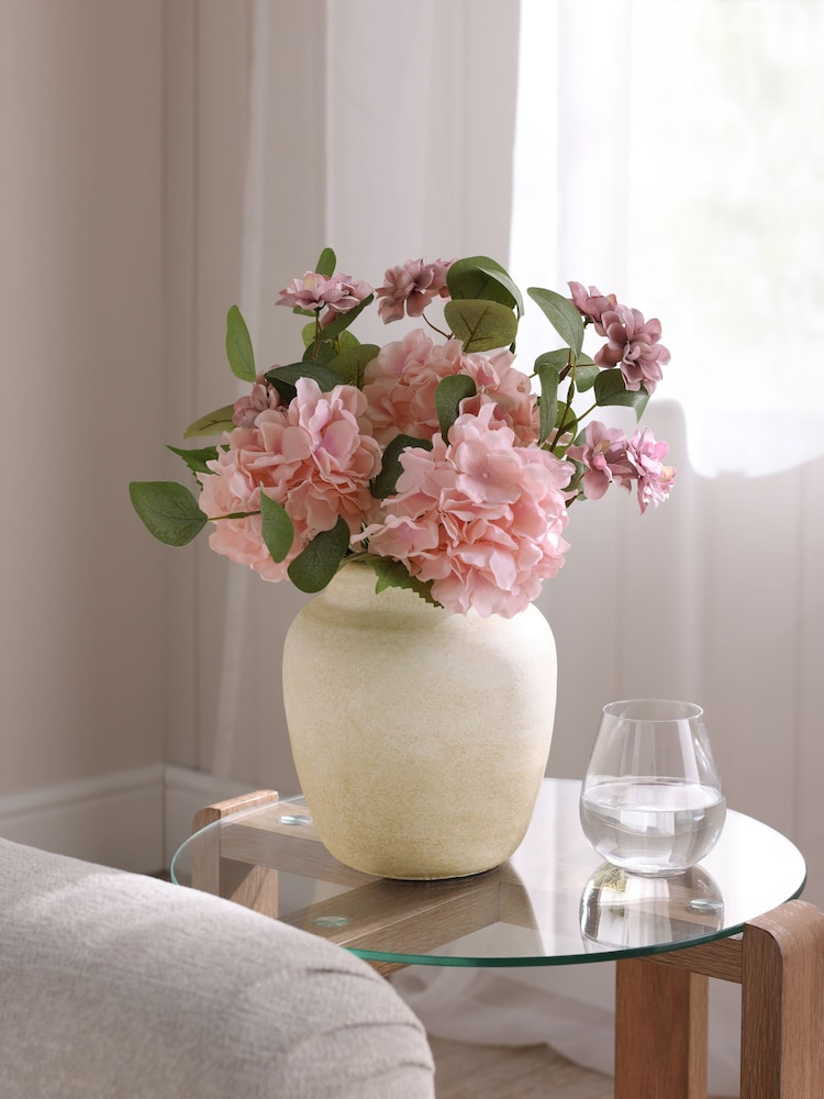 Pink Artificial Hydrangea Arrangment in Rustic Ceramic Pot - Image 1 of 4