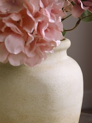 Pink Artificial Hydrangea Arrangment in Rustic Ceramic Pot - Image 2 of 4