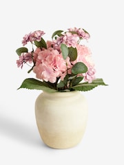 Pink Artificial Hydrangea Arrangment in Rustic Ceramic Pot - Image 3 of 4