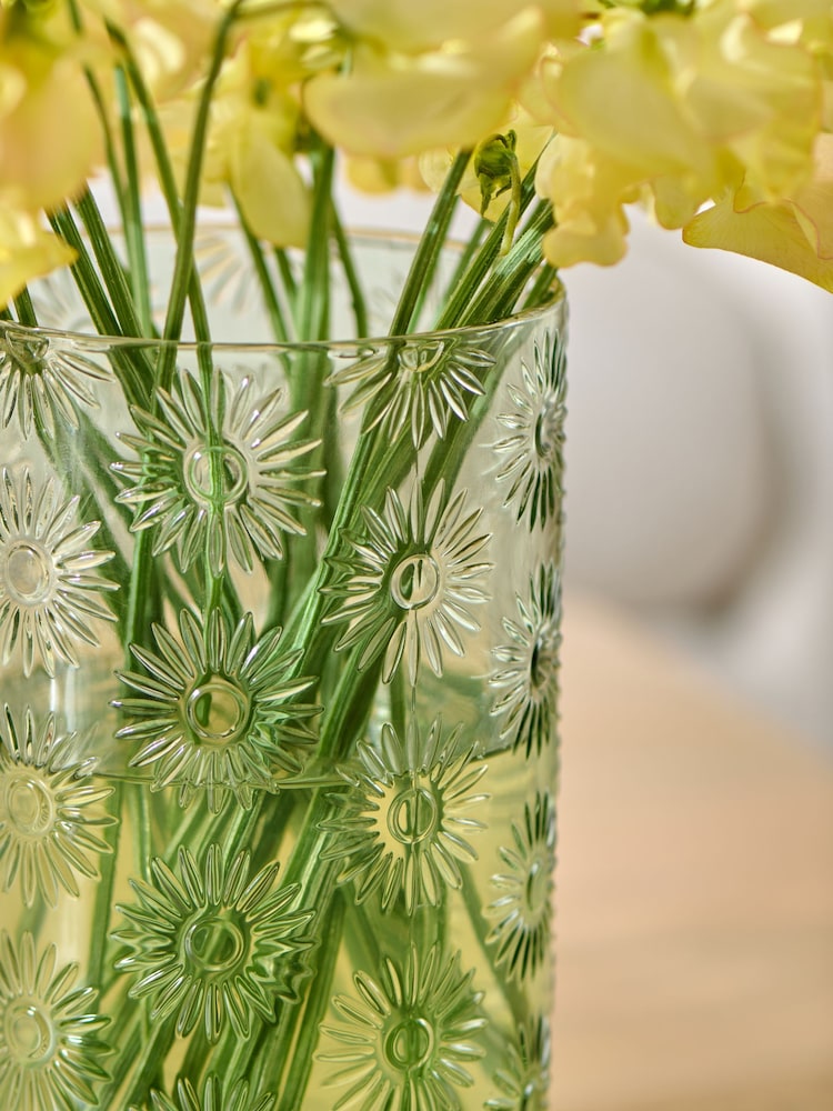 Green Sunflower Embossed Glass Vase - Image 2 of 3 Green Sunflower Embossed Glass Vase - Image 2 of 3