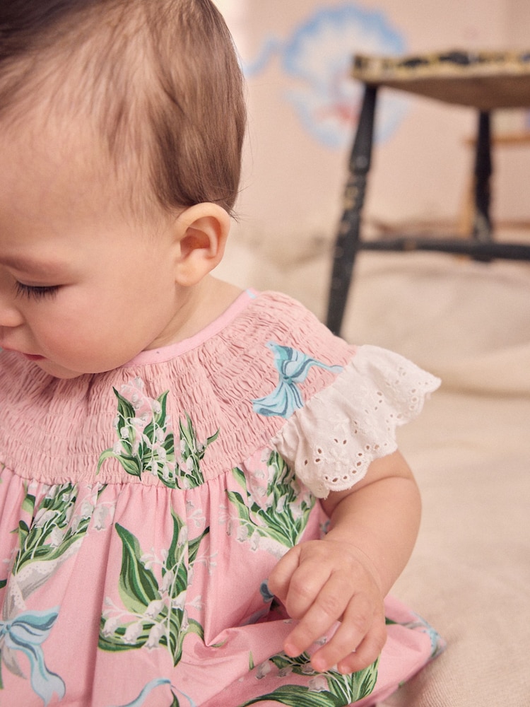 Cath Kidston Pink Floral 100% Cotton Printed Baby Broderie Romper - Image 5 of 5