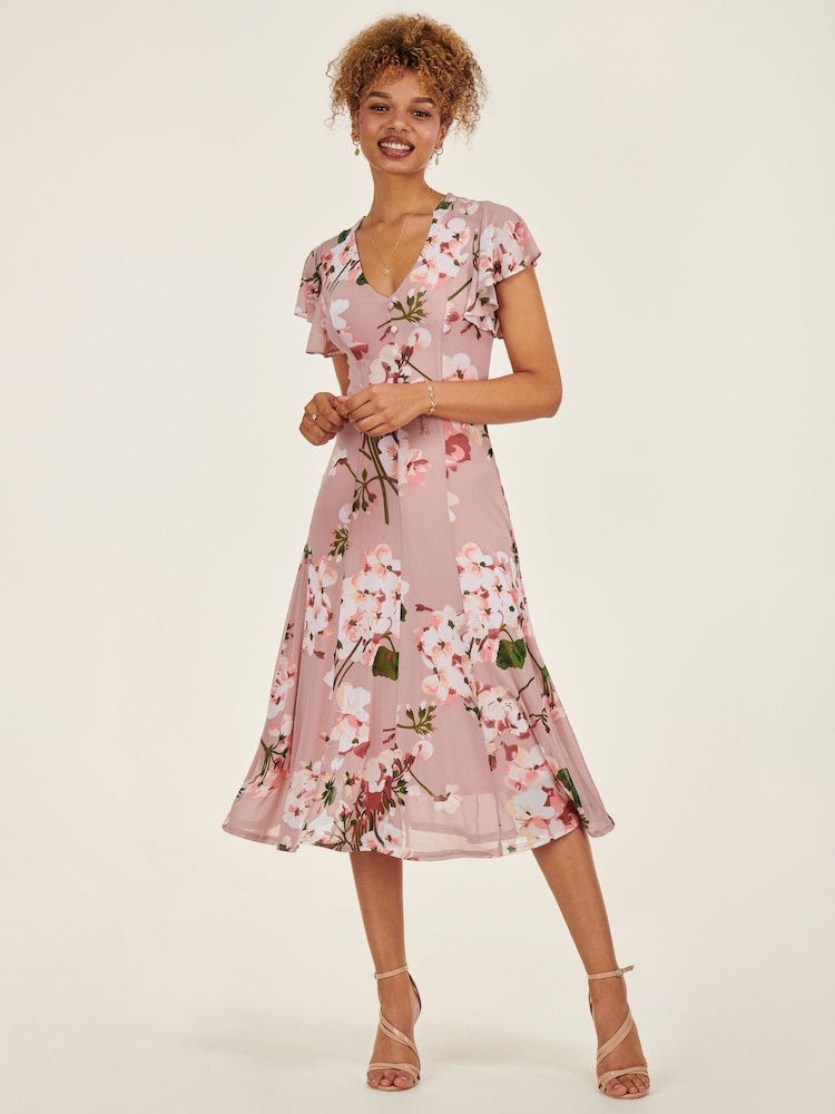 Jolie Moi Pink Print Fit and Flare Mesh Midi Dress - Image 1 of 6