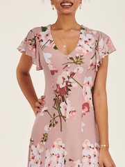 Jolie Moi Pink Print Fit and Flare Mesh Midi Dress - Image 3 of 6