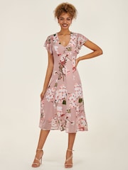Jolie Moi Pink Print Fit and Flare Mesh Midi Dress - Image 4 of 6