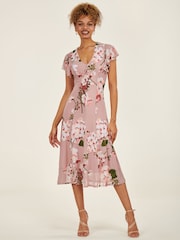 Jolie Moi Pink Print Fit and Flare Mesh Midi Dress - Image 5 of 6