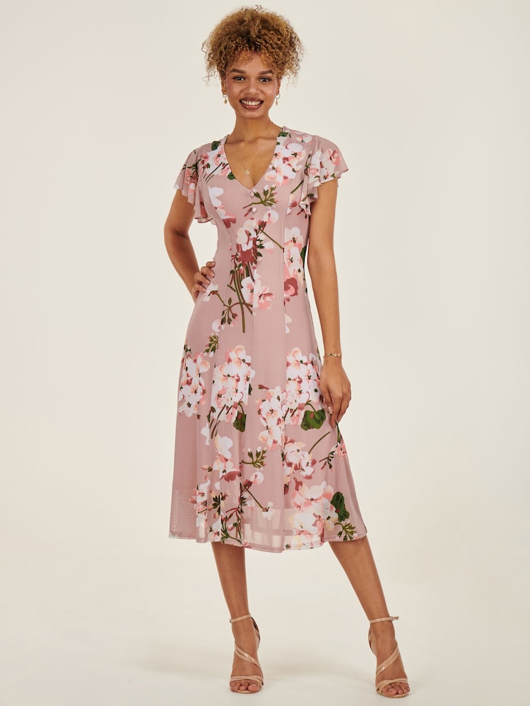 Jolie Moi Pink Print Fit and Flare Mesh Midi Dress - Image 6 of 6