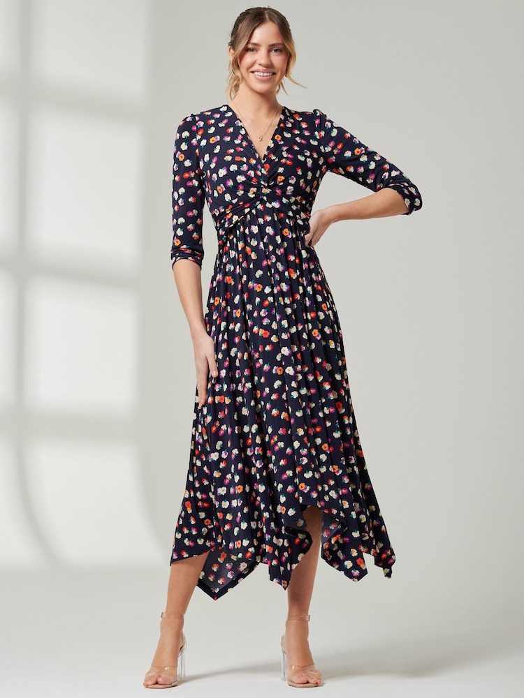 Jolie Moi Blue V-Neck 3/4 Sleeve Midi Dress - Image 1 of 6