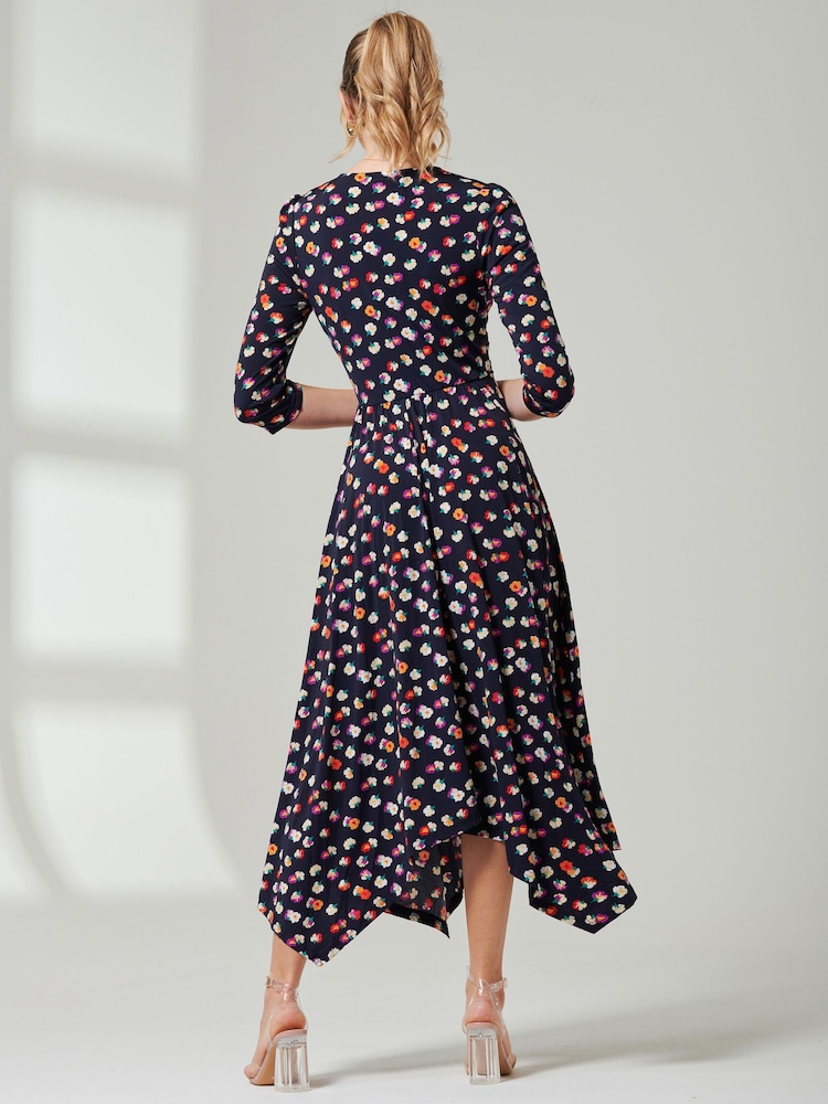 Jolie Moi Blue V-Neck 3/4 Sleeve Midi Dress - Image 2 of 6