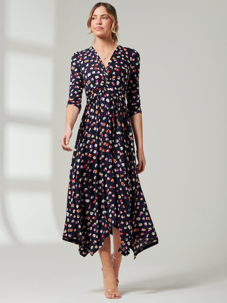 Jolie Moi Blue V-Neck 3/4 Sleeve Midi Dress - Image 6 of 6