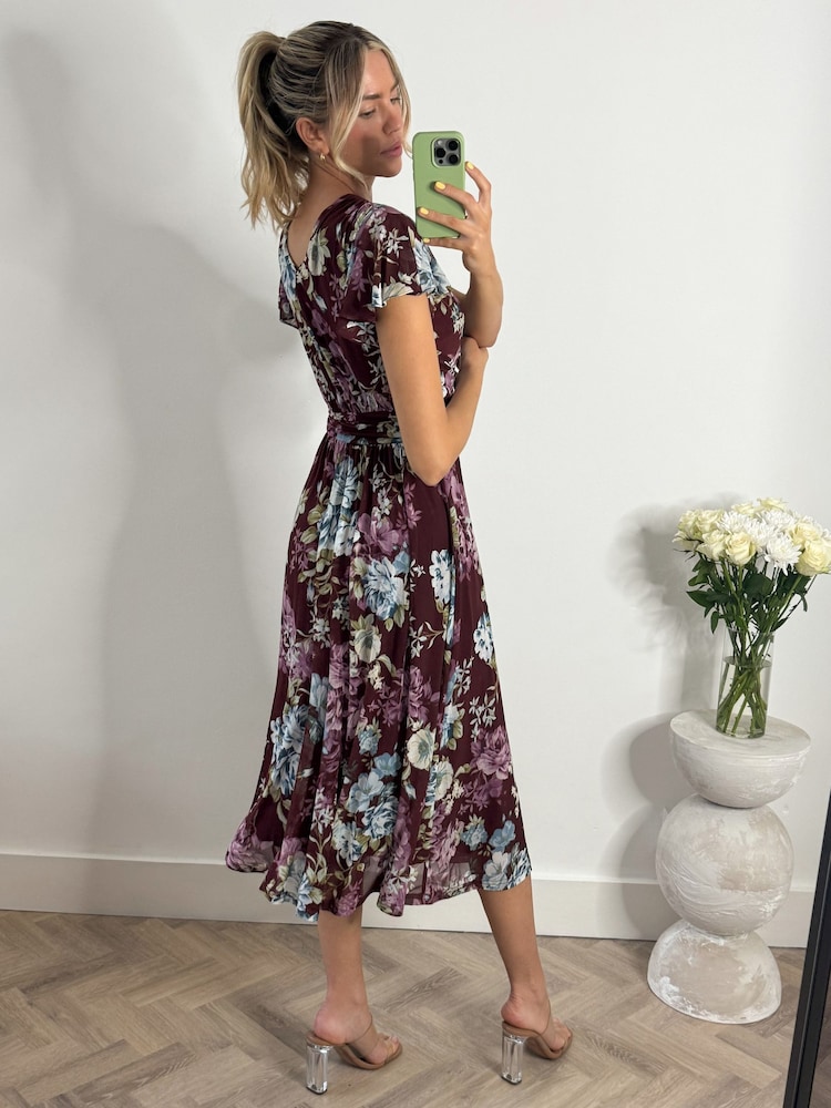 Jolie Moi Red Angel Sleeve V-Neck Midi Dress - Image 2 of 6