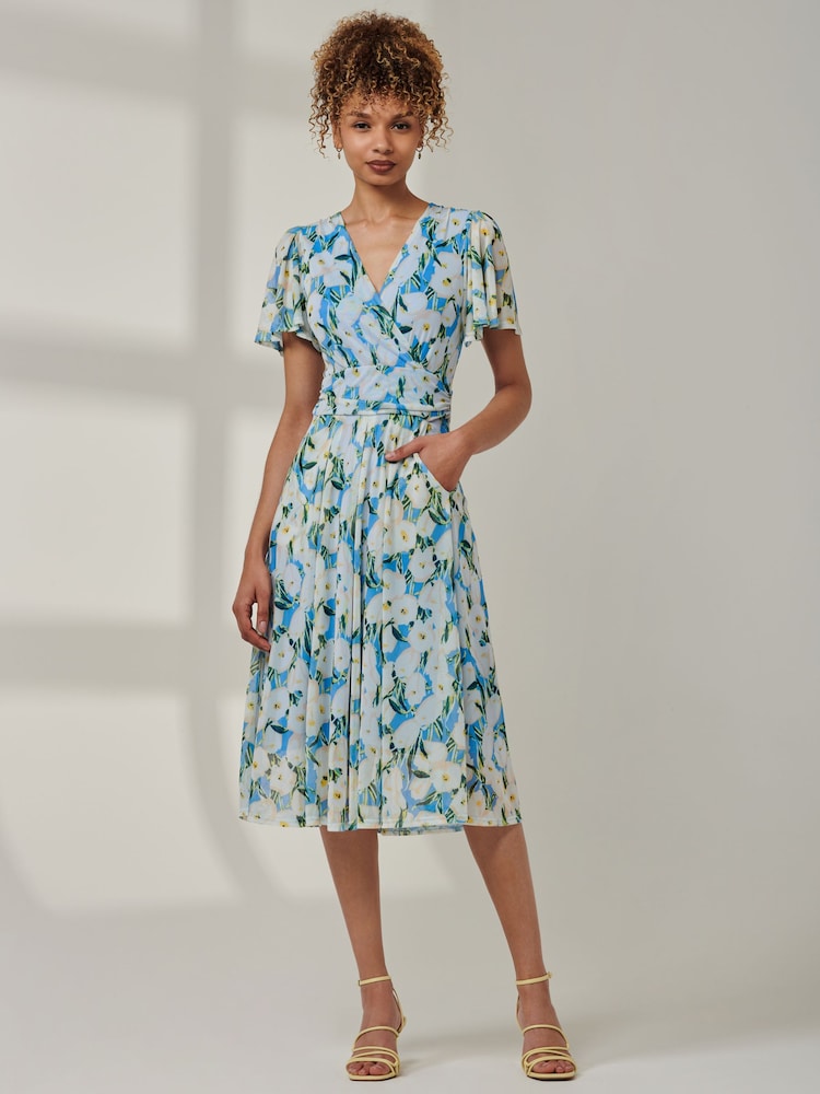 Jolie Moi Blue Kairi Floral Print Mesh Midi Dress - Image 1 of 6