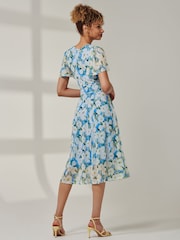 Jolie Moi Blue Kairi Floral Print Mesh Midi Dress - Image 2 of 6