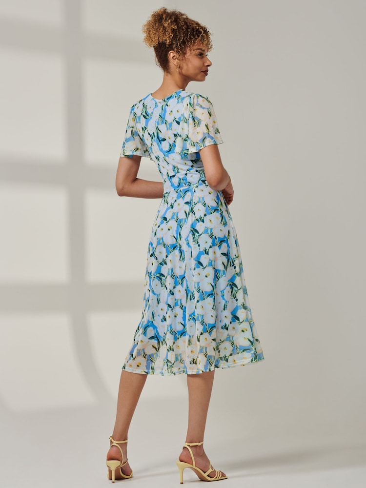 Jolie Moi Blue Kairi Floral Print Mesh Midi Dress - Image 2 of 6