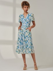 Jolie Moi Blue Kairi Floral Print Mesh Midi Dress - Image 5 of 6