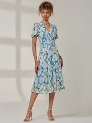Jolie Moi Blue Kairi Floral Print Mesh Midi Dress - Image 6 of 6