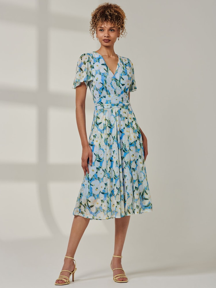 Jolie Moi Blue Kairi Floral Print Mesh Midi Dress - Image 6 of 6