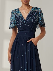 Jolie Moi Blue Mirrored Mesh Angel Sleeve Maxi Dress - Image 3 of 6