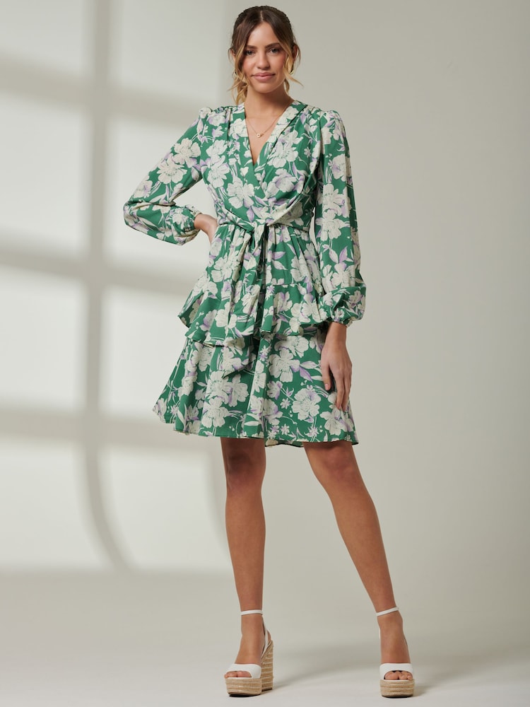 Jolie Moi Green Tiered Hem V-Neck Midi Dress - Image 1 of 6
