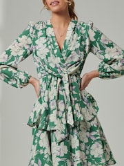 Jolie Moi Green Tiered Hem V-Neck Midi Dress - Image 3 of 6