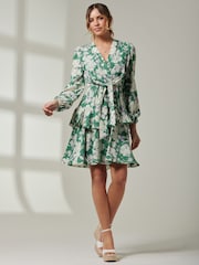 Jolie Moi Green Tiered Hem V-Neck Midi Dress - Image 4 of 6