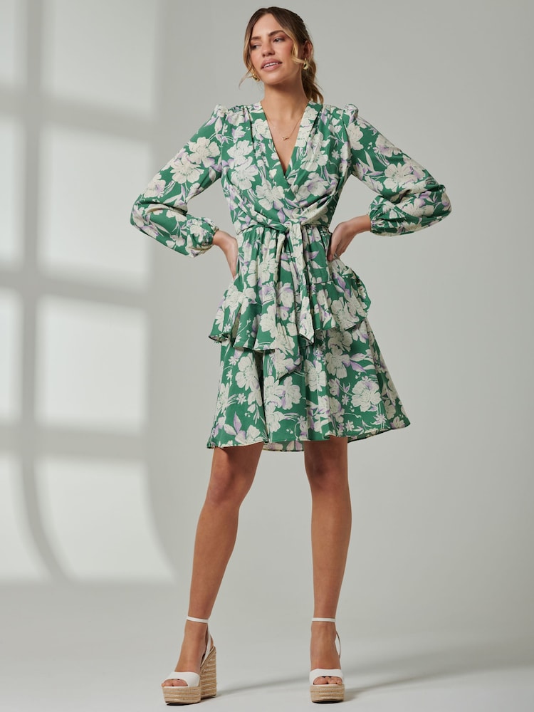 Jolie Moi Green Tiered Hem V-Neck Midi Dress - Image 6 of 6