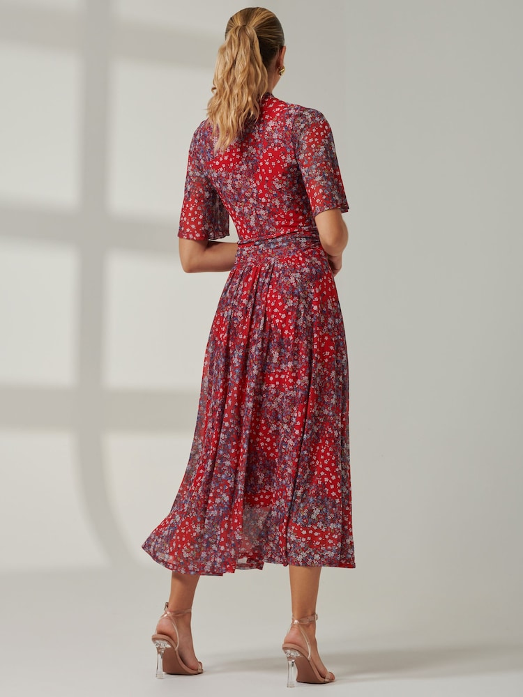Jolie Moi Red Mesh Keyhole Neck Maxi Dress - Image 2 of 6