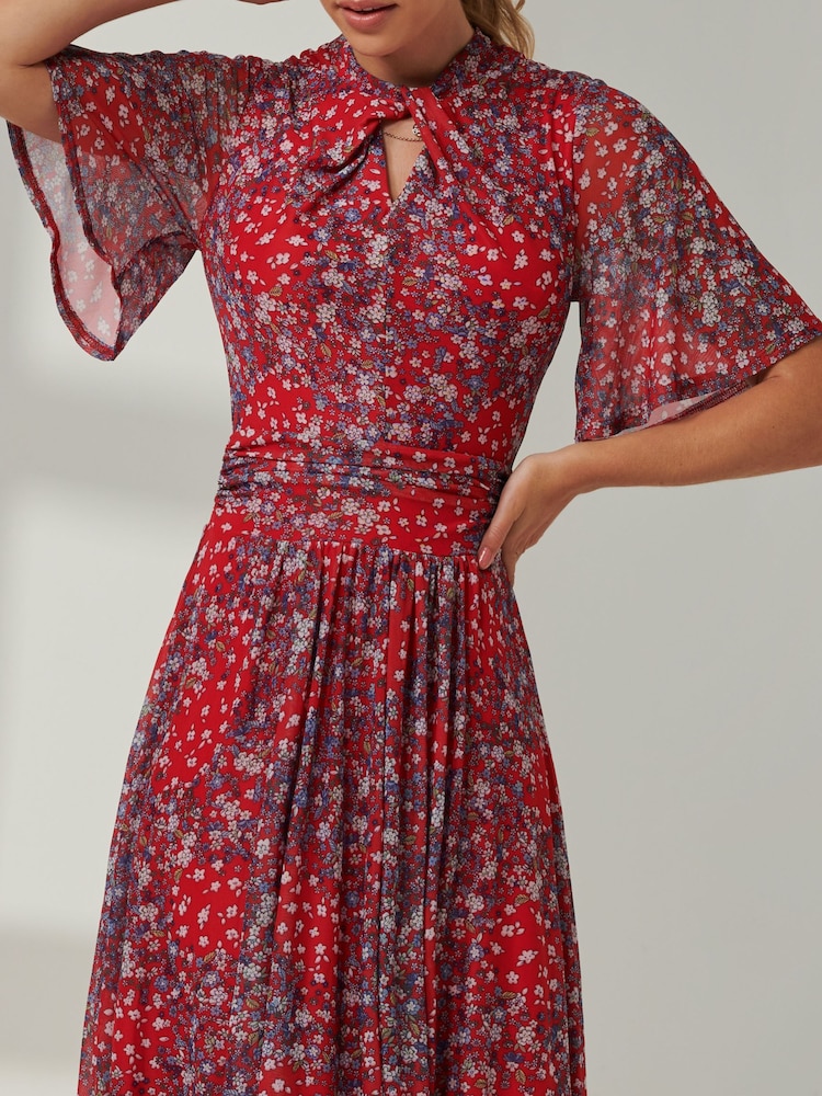 Jolie Moi Red Mesh Keyhole Neck Maxi Dress - Image 3 of 6