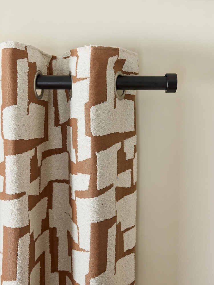 Tan Brown Abstract Shapes Bouclé Eyelet Lined Curtains - Image 1 of 5