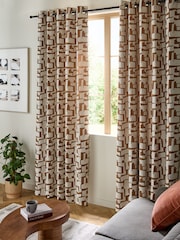 Tan Brown Abstract Shapes Bouclé Eyelet Lined Curtains - Image 2 of 5