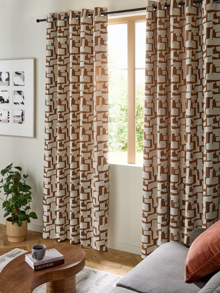 Tan Brown Abstract Shapes Bouclé Eyelet Lined Curtains - Image 2 of 5