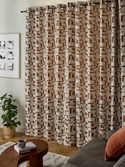 Tan Brown Abstract Shapes Bouclé Eyelet Lined Curtains - Image 3 of 5