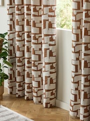 Tan Brown Abstract Shapes Bouclé Eyelet Lined Curtains - Image 4 of 5