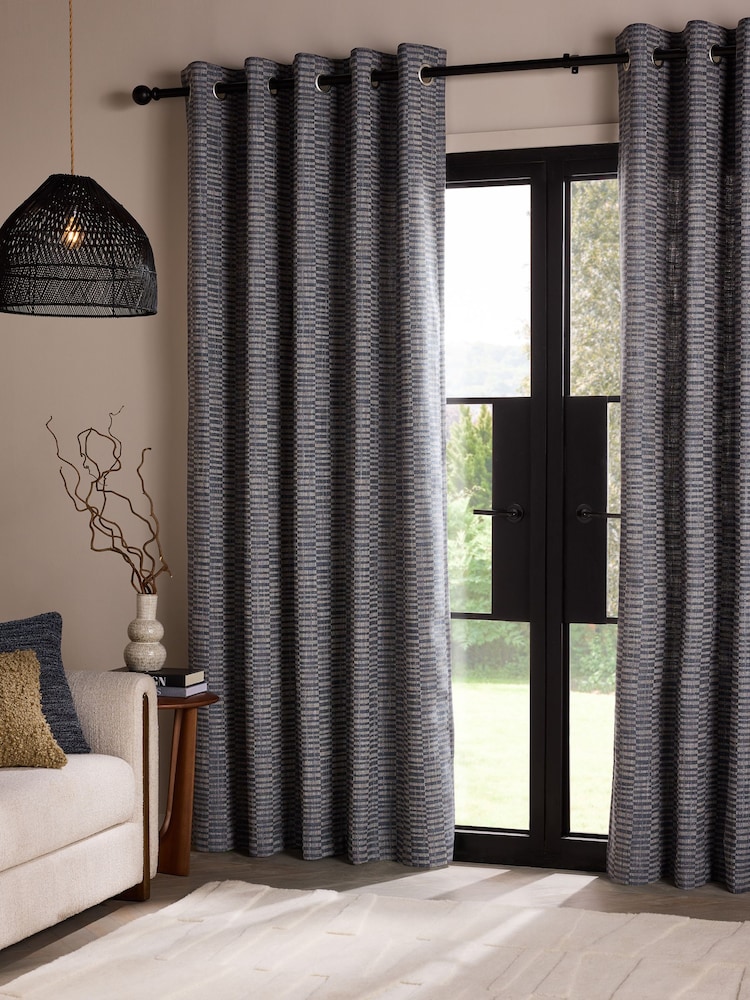 Blue/Grey Jacquard Blocks Eyelet Lined Curtains - Image 2 of 5 Blue/Grey Jacquard Blocks Eyelet Lined Curtains - Image 2 of 5