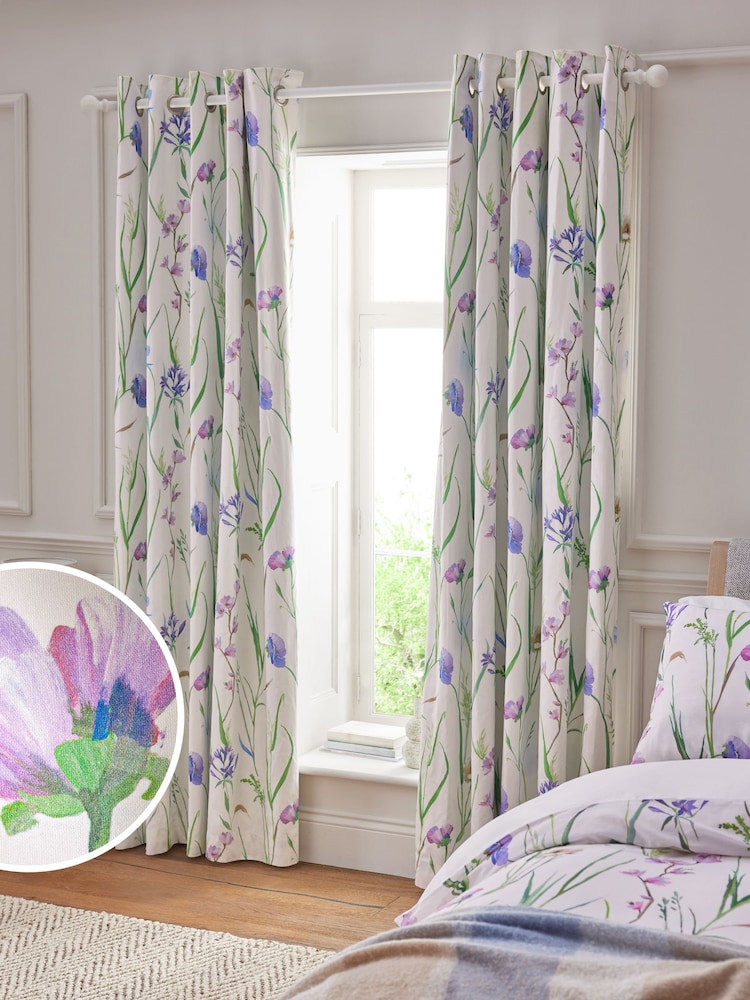 White Spring Meadow Floral Sateen Blackout/Thermal Eyelet Curtains - Image 3 of 6