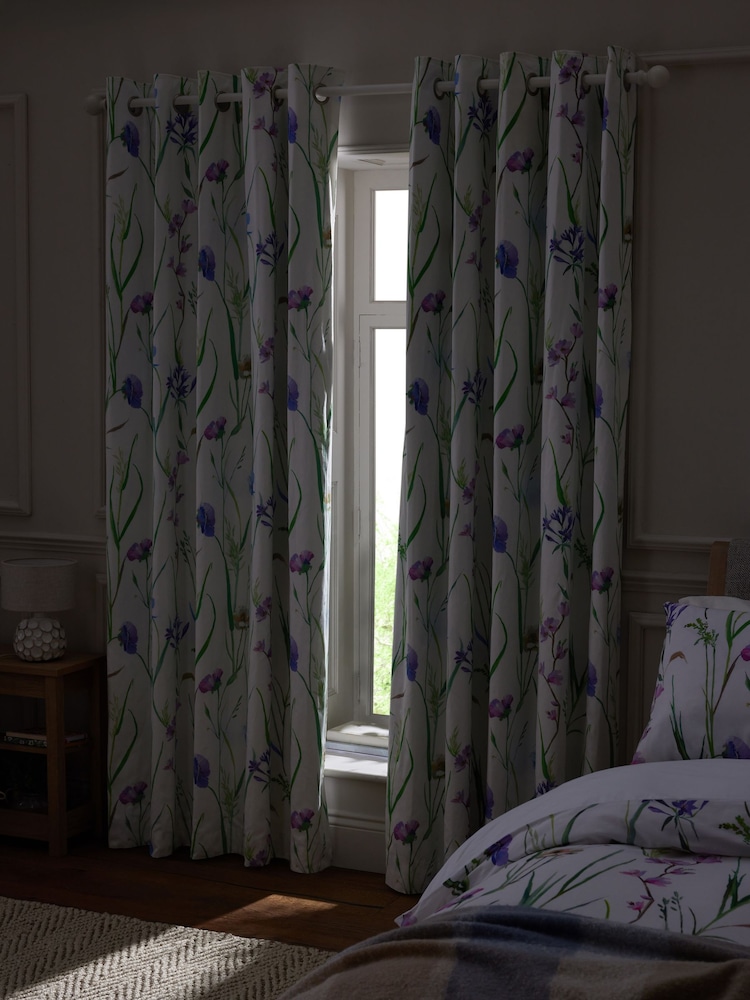 White Spring Meadow Floral Sateen Blackout/Thermal Eyelet Curtains - Image 4 of 6