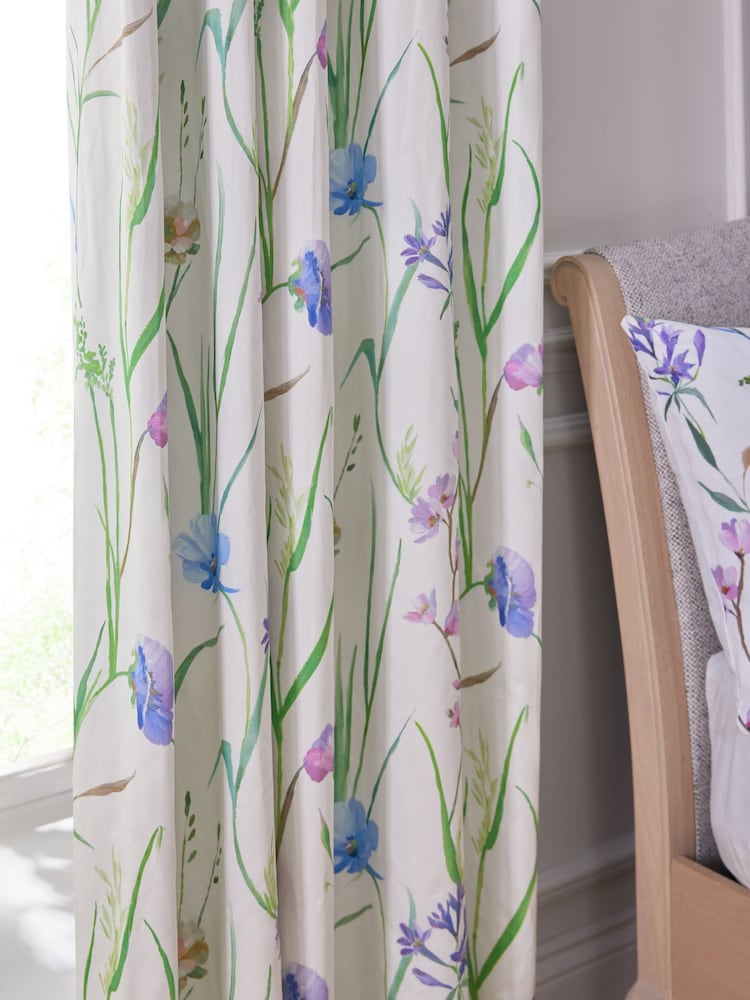 White Spring Meadow Floral Sateen Blackout/Thermal Eyelet Curtains - Image 6 of 6