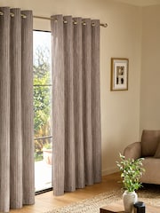 Dark Natural/Grey Woven Stripe Eyelet Lined Curtains - Image 2 of 5