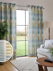 Blue/Yellow Retro Geometric Eyelet Lined Curtains - Image 2 of 5