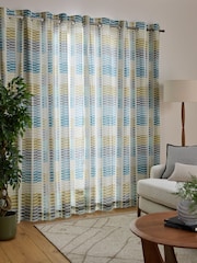 Blue/Yellow Retro Geometric Eyelet Lined Curtains - Image 3 of 5
