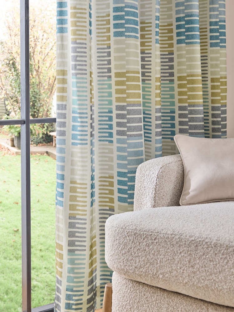 Blue/Yellow Retro Geometric Eyelet Lined Curtains - Image 4 of 5