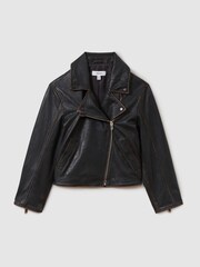 Reiss Black Beau 13-14 yrs Relaxed Leather Biker Jacket - Image 1 of 5